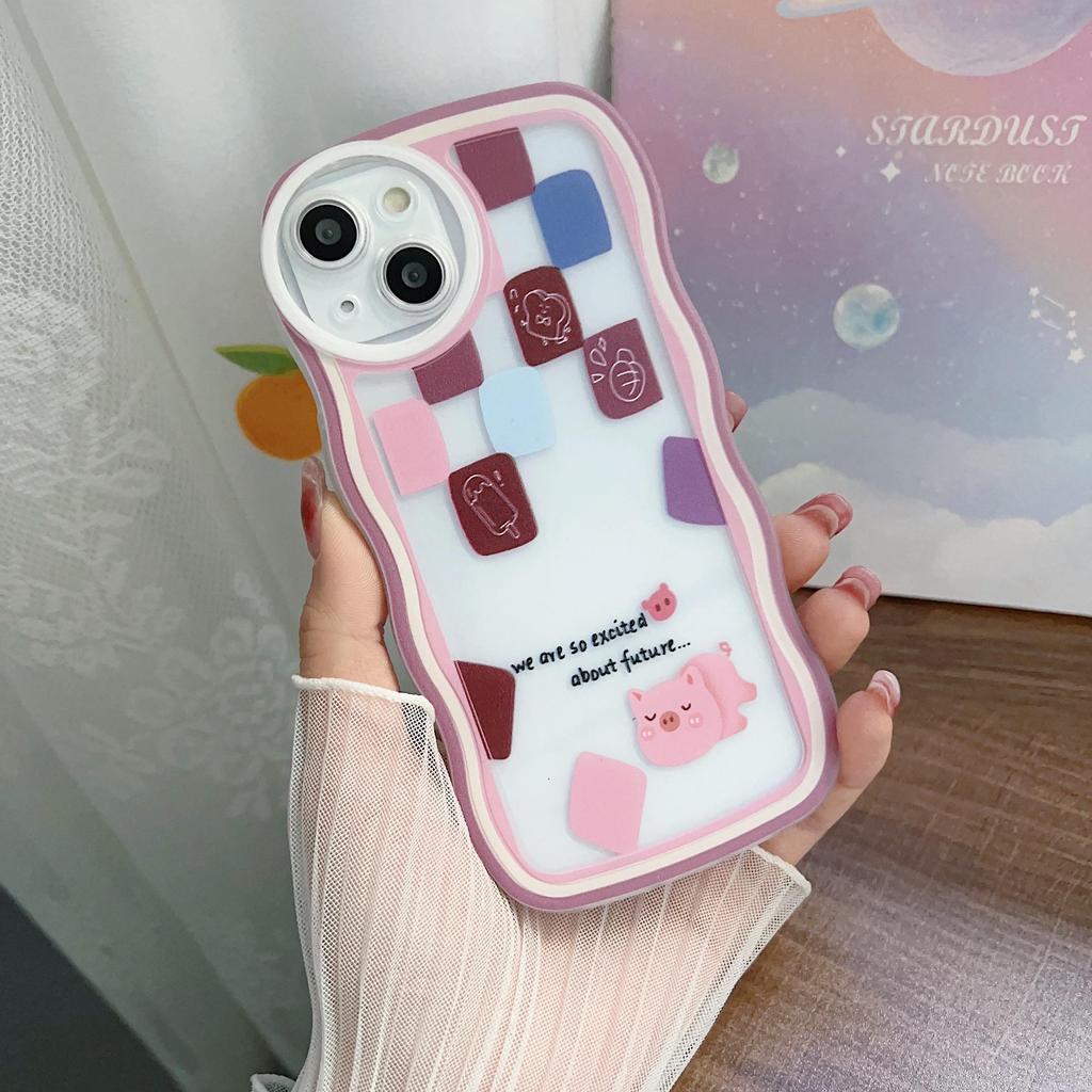 Transparent Wave Edge Painted Silicone Case for Xiaomi Redmi Note 10 11 12 iPhone 15 14 13 11 Samsung A54 A34 A24 Funda Cat Piggy Bear Cover Bumper