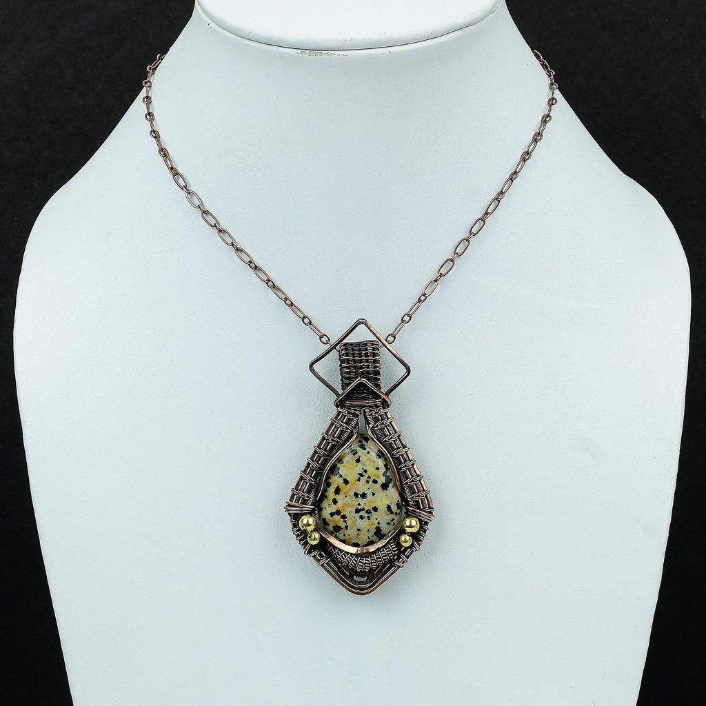 Подвеска из далматинской яшмы, обернутая медной проволокой, подвеска из натурального драгоценного камня, украшения ручной работы в технике wire wrap, подарок для него, удивительные медные украшения