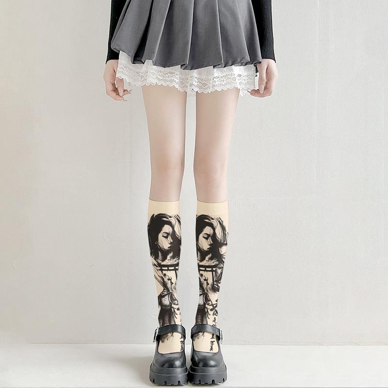 Модные носки с татуировкой на бедрах, чулки с принтом, девушки Лоли, японские сексуальные чулки, тонкие модели, разные размеры