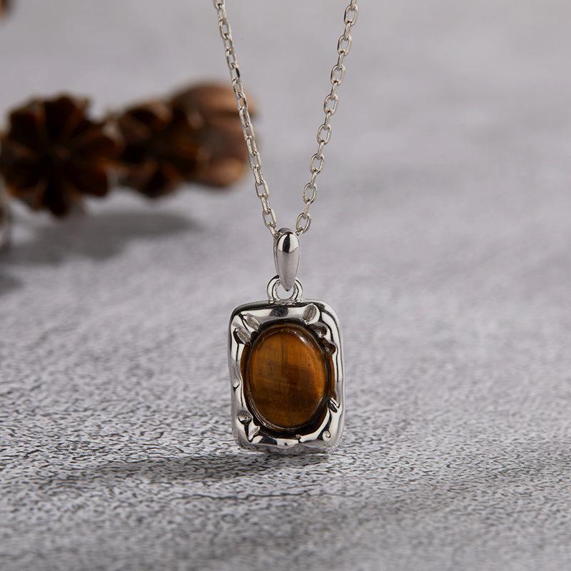 S925 Sterling Silver Natural Malachite Blue Gold Tiger'S Eye Stone White Fritillary Colored Treasure Necklace Women'S French Retro Fashion