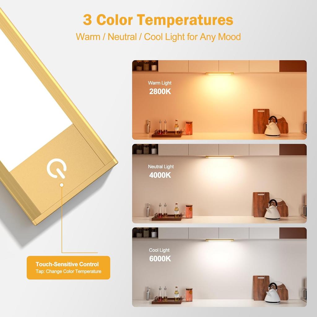V4light Motion Sensor Cabinet Light, Rechargeable, Dimmable, 2Pcs, 9in | Gold aluminum, magnetic wireless, 1800mAh, 3 color temps & dimmable, ideal