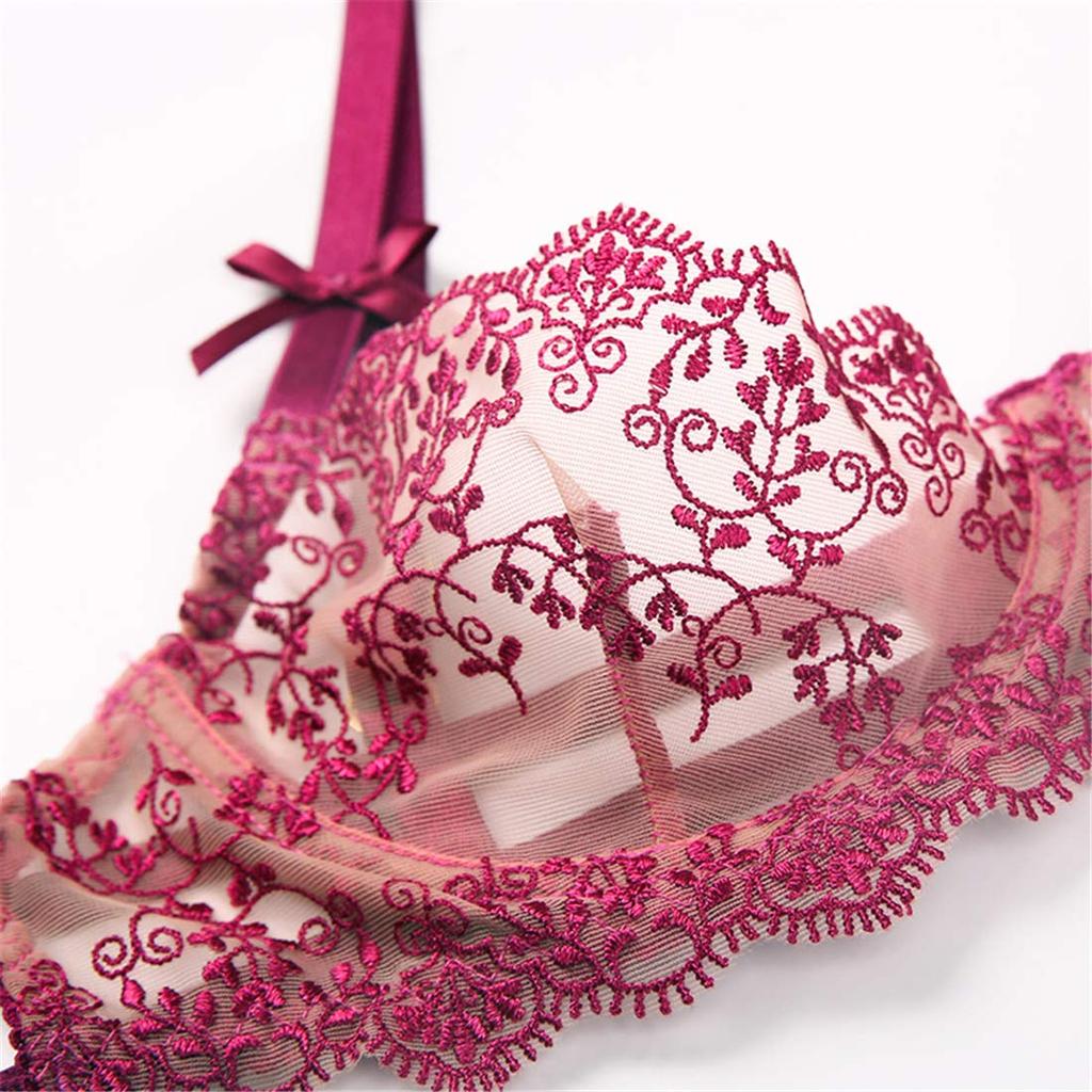 Embroidered Open Bust Open Crotch Garter Belt and Stockings Sexy Lingerie Set [ONE LADY] Women's Bra, T-Back, (Pink, M)