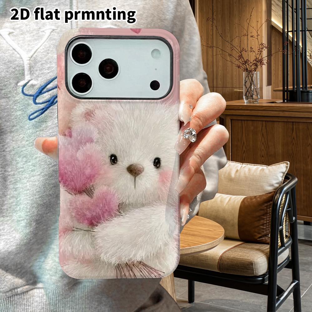 Phone Case: 2D flat suitable for iPhone 18 17 16 15 14 13Pro film protective case, couple style, pink fluffy little white bear, Christmas and Hallowee