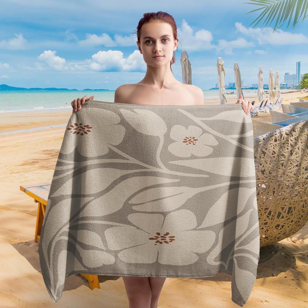 Boho Floral Flowers Beach Towel, Boho Botanical Beach Towels Oversized Gifts for Women, Abstract Groovy Beige Flower Quick Dry