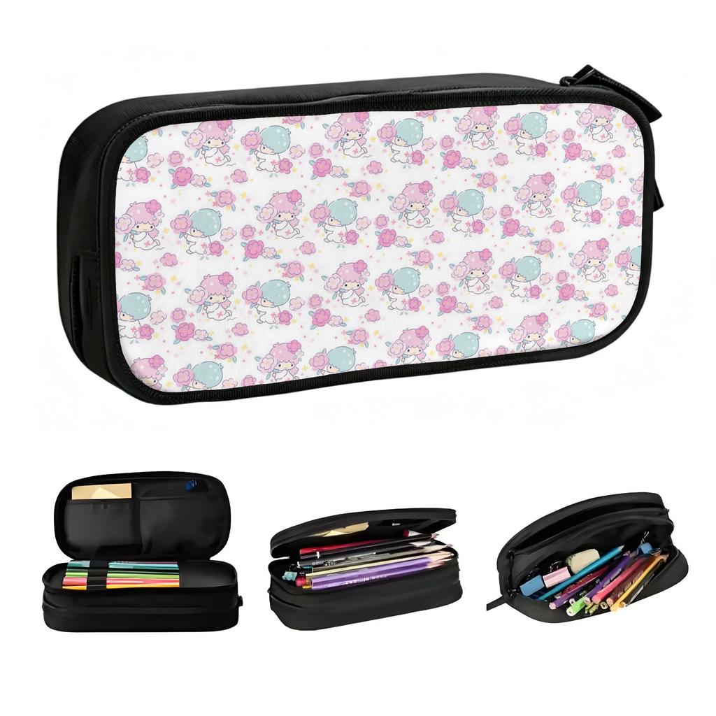 Little Twin Stars Kiki Lala Korean Pencil Cases Boys Girls Kawaii style Seamless Pattern Pencil Bag Pouch Students Stationery