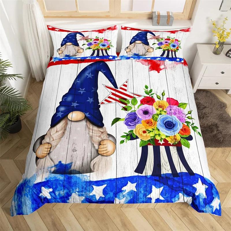 Spring Flower Gnomes Duvet Cover Romantic Rose Floral Bedding Set Microfiber Lovely Christmas Dwarf Quilt Cover Twin King Size