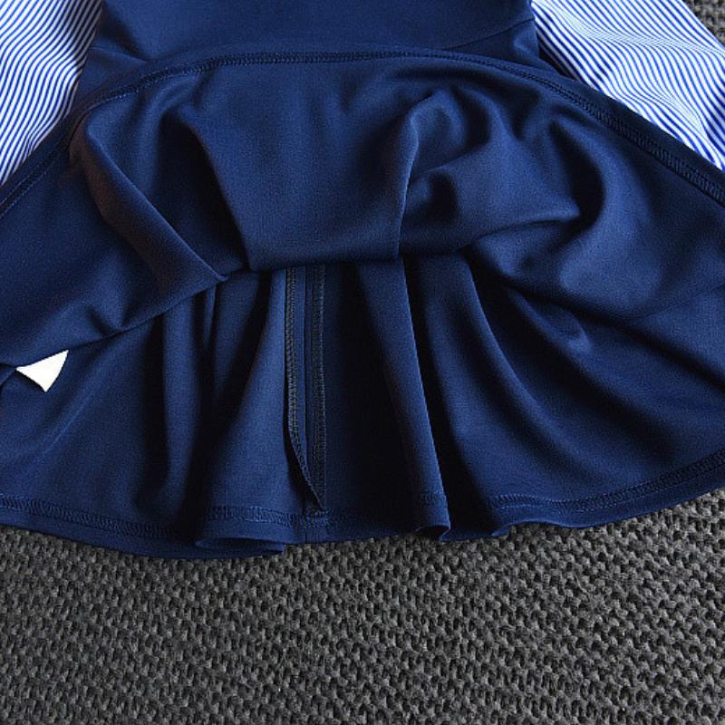 Детская одежда, школьное платье в полоску для девочек в консервативном стиле, весенне-осенние новые фальшивые плиссированные платья из двух частей с длинными рукавами для детей