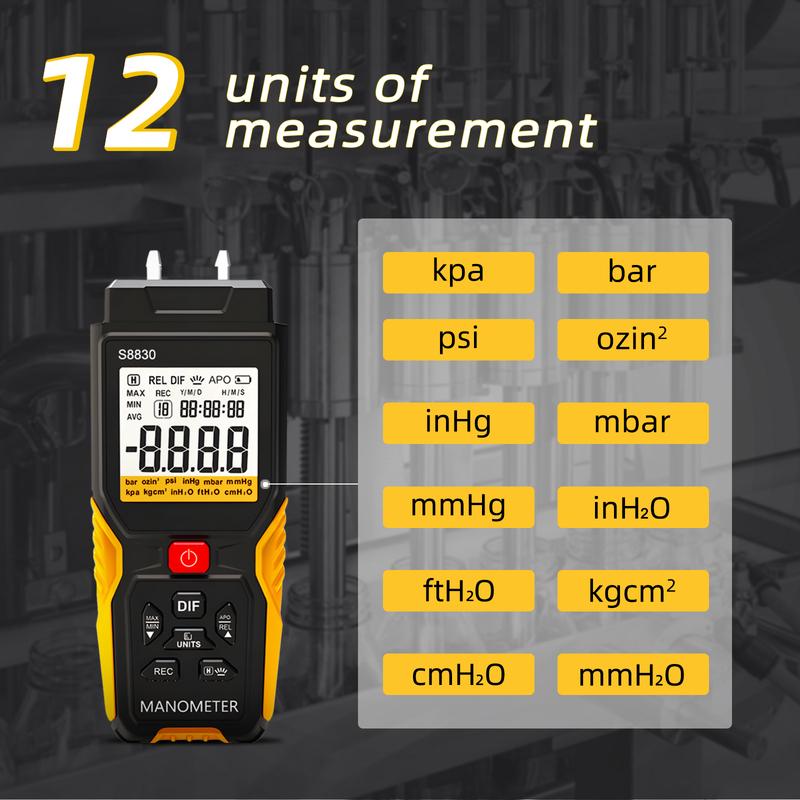 T9-S8830 Digital Manometer ±36.8kPa Dual-Port HVAC Pressure Tester 12 Units 99 Data Storage Backlight