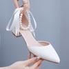 4cm Medium and Low Heel Pointed Toe Hollow Sandals Thick Heel Beaded Women's Shoes White Matte Pu