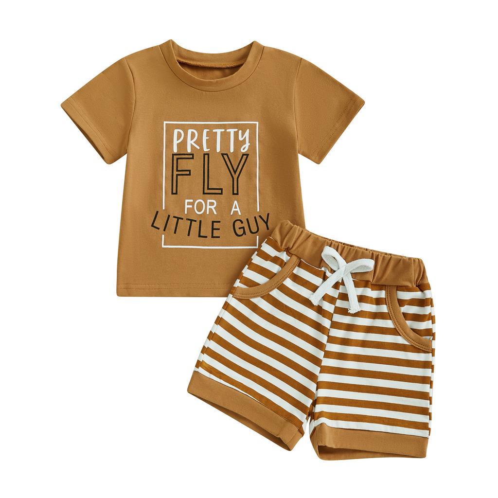 Летний комплект с шортами для мальчиков, с буквенным принтом, короткими рукавами, круглым вырезом, эластичным поясом, полосатыми шортами