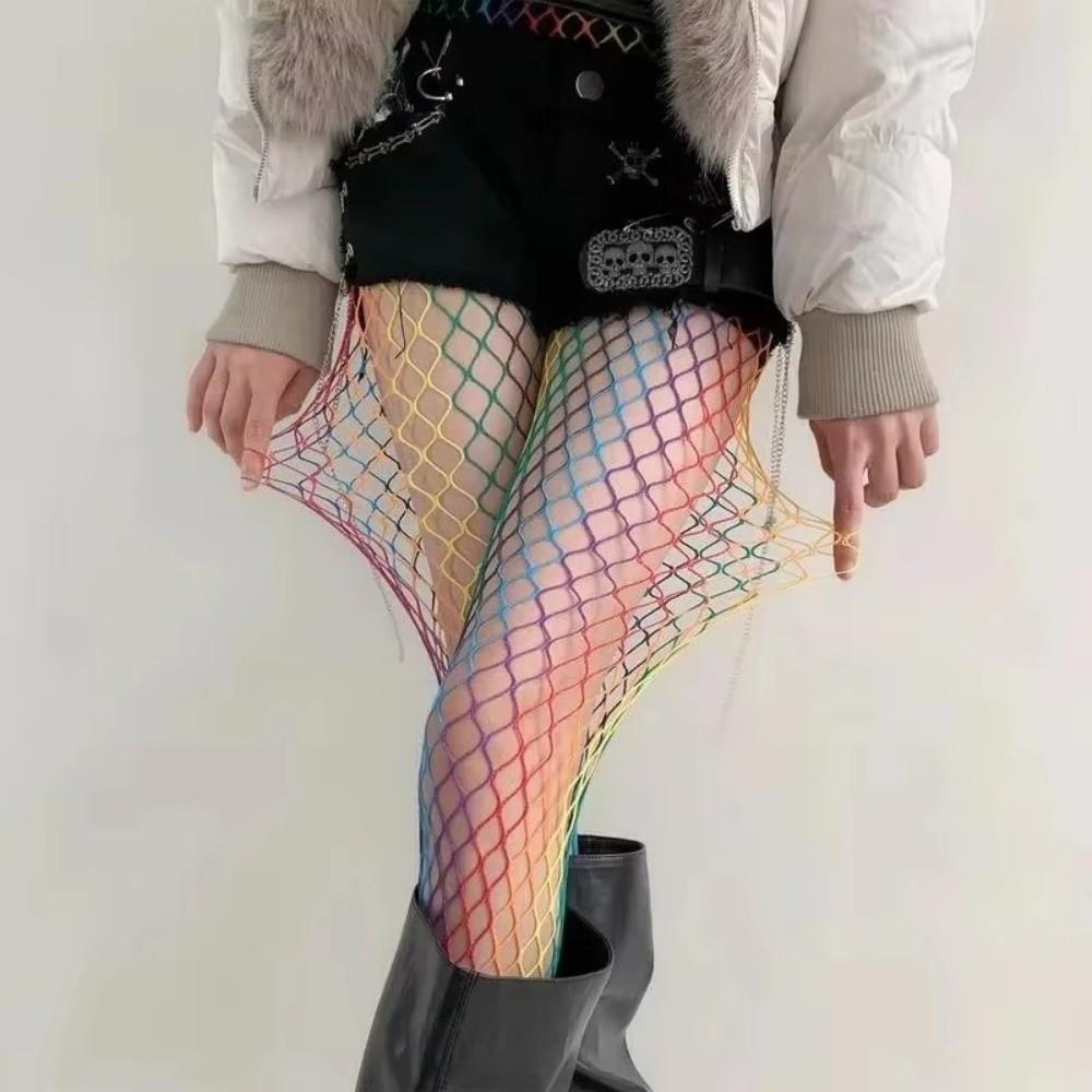 Punk Y2K Rainbow Fishnet Stockings Large Mesh Dopamine See-through Tights Hot Girl Style Stretch Hollowed Out Pantyhose Women