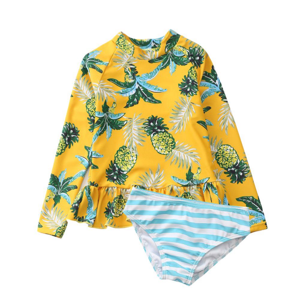 Baby Toddler Girls Rashguard Two Pieces Swimsuit Set Long Sleeve Pineapple Print Bathing Suits Striped Bikini Bottoms Sun Protection Swimwear