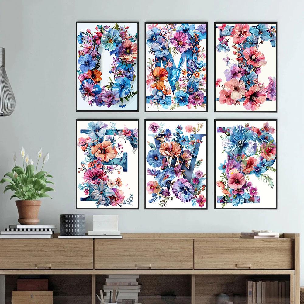 Flower Alphabet Wall Art Wreath Letters Canvas Painting Fashion Modern Aesthetic Poster Wall Pictures Home Decor For Living Room
