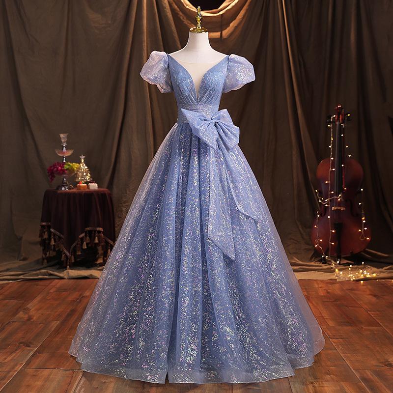 Banquet evening dress 1011 new summer blue temperament elegant vocal art test solo annual meeting host dress woman