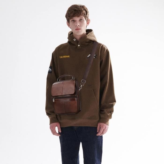 Sac à bandoulière en cuir pour hommes vintage casual business grande capacité (Marron)