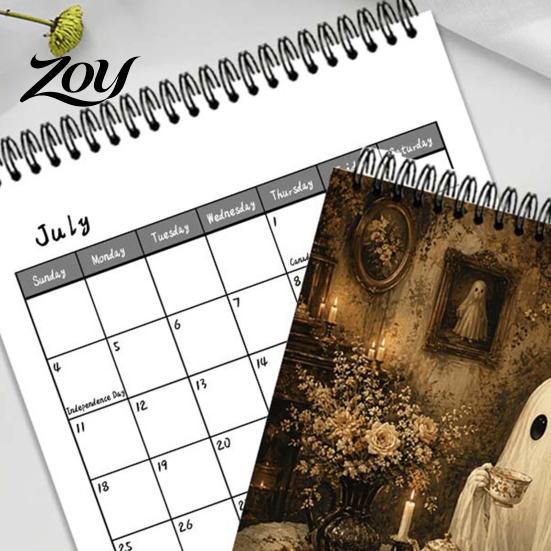 Personalized Holiday Gift Ghost Wall Calendar 2027, Retro Illustration Monthly Planner with Sturdy Coil Artistic Binding And Thick Matte Paper