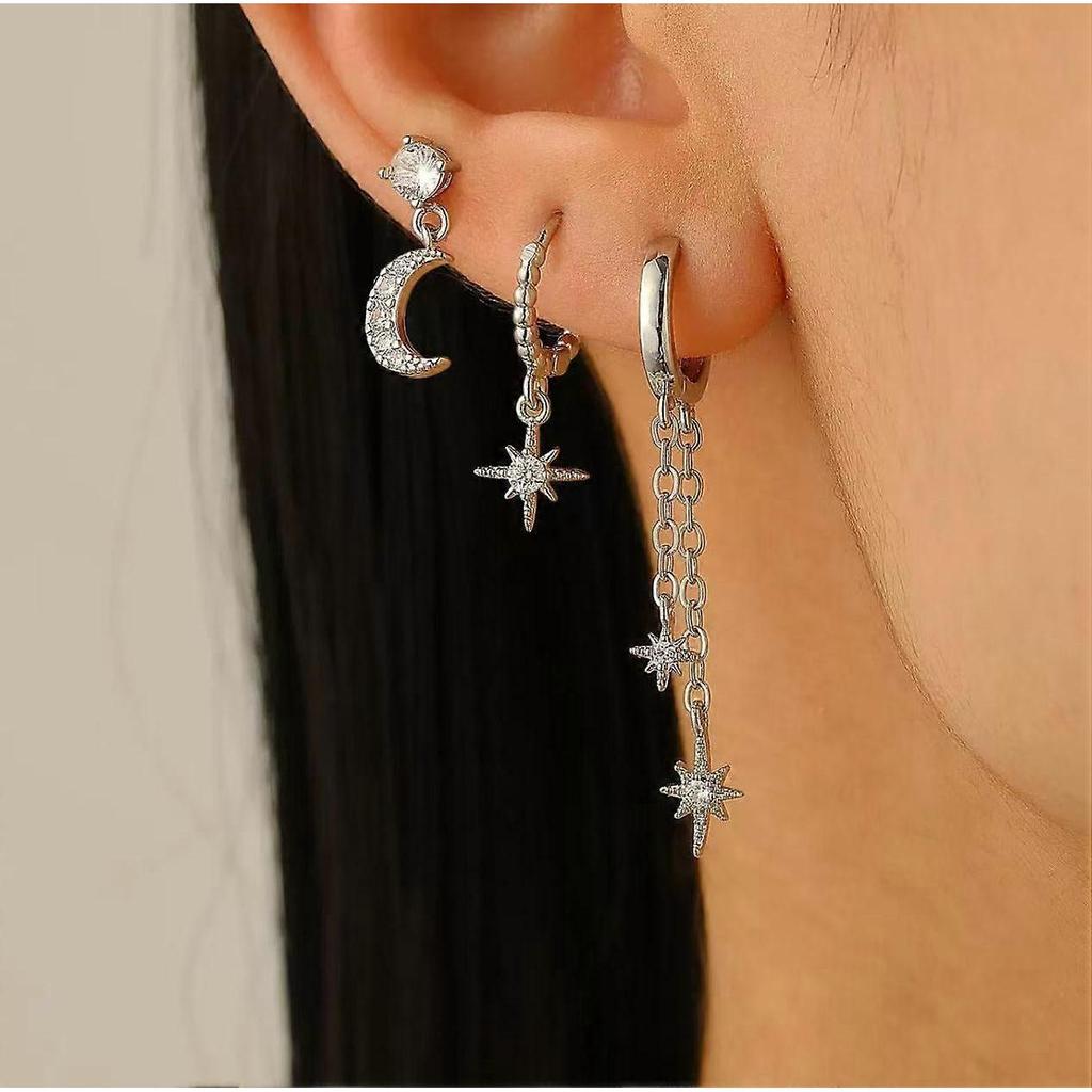 Stylish Star, Moon & Star of David Tassel Earrings Set, 3-Piece Zircon Earring Set, Hypoallergenic, Unisex, Fashionable & Classic for Everyday Wear
