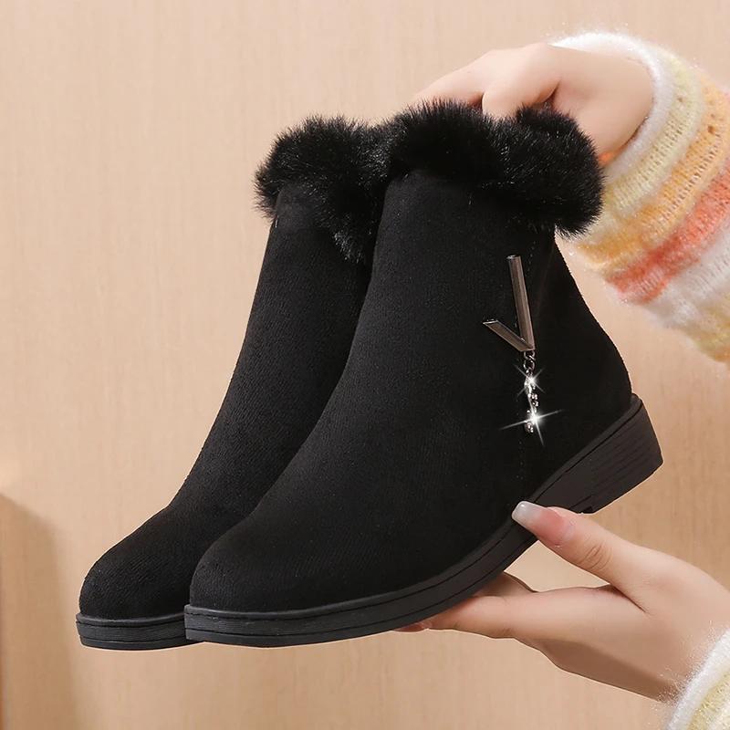 Модные женские туфли на плоской подошве с мехом и кристаллами, роскошные ботильоны «Челси» на зиму 2024 года, новые теплые короткие хлопковые зимние ботинки