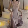 Sexy Pajamas for Women, Spring Satin Lace Long Dress with Breast Pads, Deep V-neck Colorful Nightgown for Women