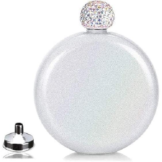 Cute Liquor Flask for Women, Junya 304 Stainless Steel,Pretty Glitter Coating Whiskey Flasks,Shining Rhinestone Cap,Portable Wine Flask for Drink Bar