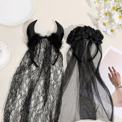 Хэллоуин Дьявольские рога Обруч для волос Рога быка Цветочная вуаль Ручная работа Сетчатая повязка на голову Вечеринка Косплей Костюм Аксессуар