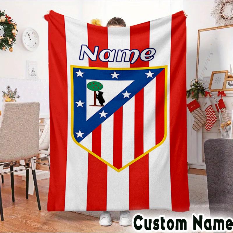 Custom Name Atletico Madrid Crest Throws Blanket Flannel Blankets for Couch Bed Gifts for Men Women Picnic blanket Christmas fan gifts