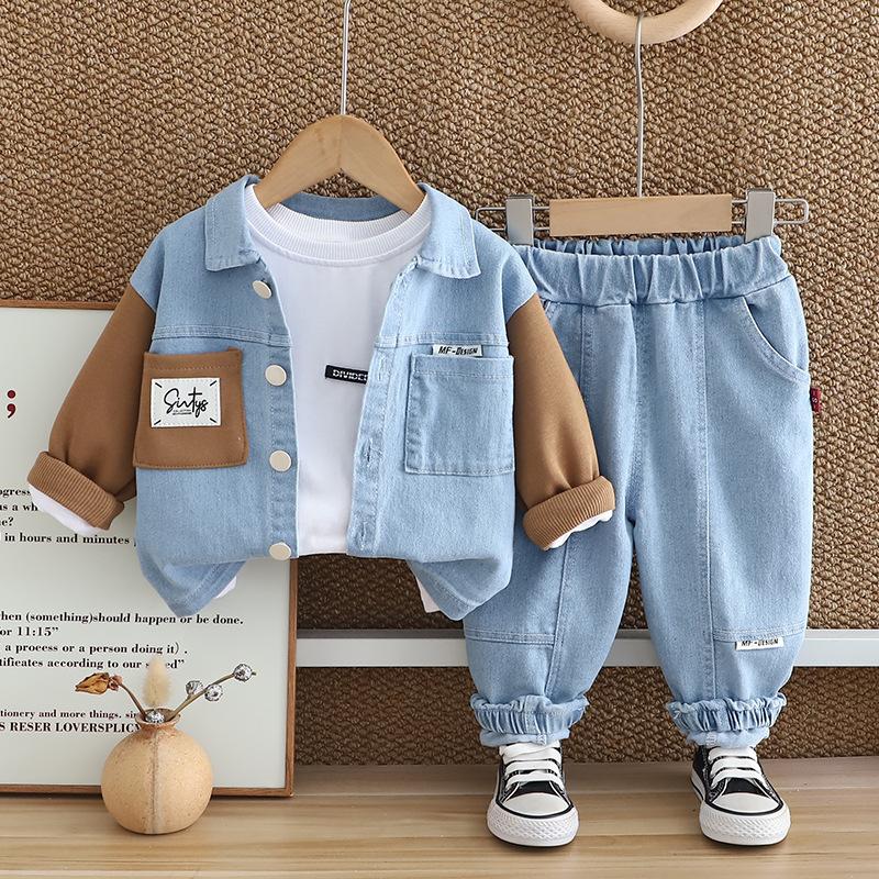 Boys' Autumn Denim Three-Piece Suit - Children's Lapel Denim Sweater Jacket with Color-Matching Pockets and Jeans