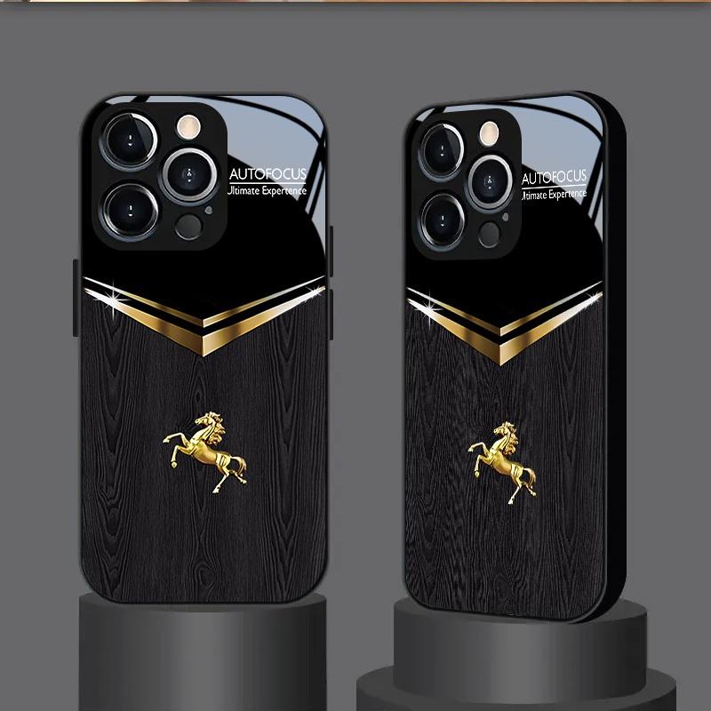 Черное Золотое Изображение Лошади Закаленное Стекло Черный Чехол Для Телефона Для iPhone 17 16 15 14 13 12 11 Pro Max 17 Air 7 8 Plus XR XS X Чехол