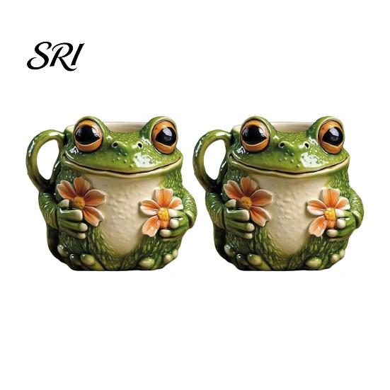 Nature Inspired Ceramic Mug Frog Shape with Tiny Flowers Smooth Texture Coffee Tea Cup Charming for Morning Joy Cozy Woodland Character Gift