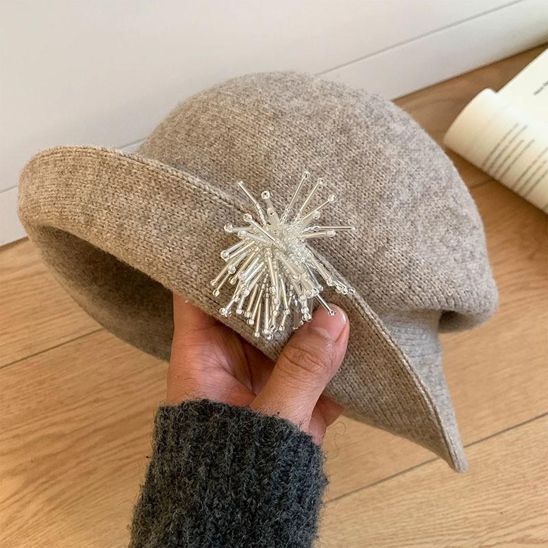 Autumn and winter flanged woolen fisherman female face small versatile bucket hat French big head circumference gift hat