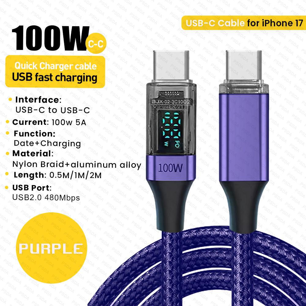 Кабель USB Type C на C PD 100 Вт для мобильного телефона, ноутбука, кабель для передачи данных и зарядки 6A Быстрая зарядка Светодиодный дисплей Шнур USBC 0,5 м/1 м/2 м