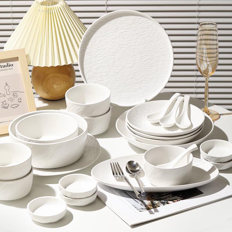 Kangmo Pure White Rock Pattern 42-Piece Ceramic Dinnerware Set