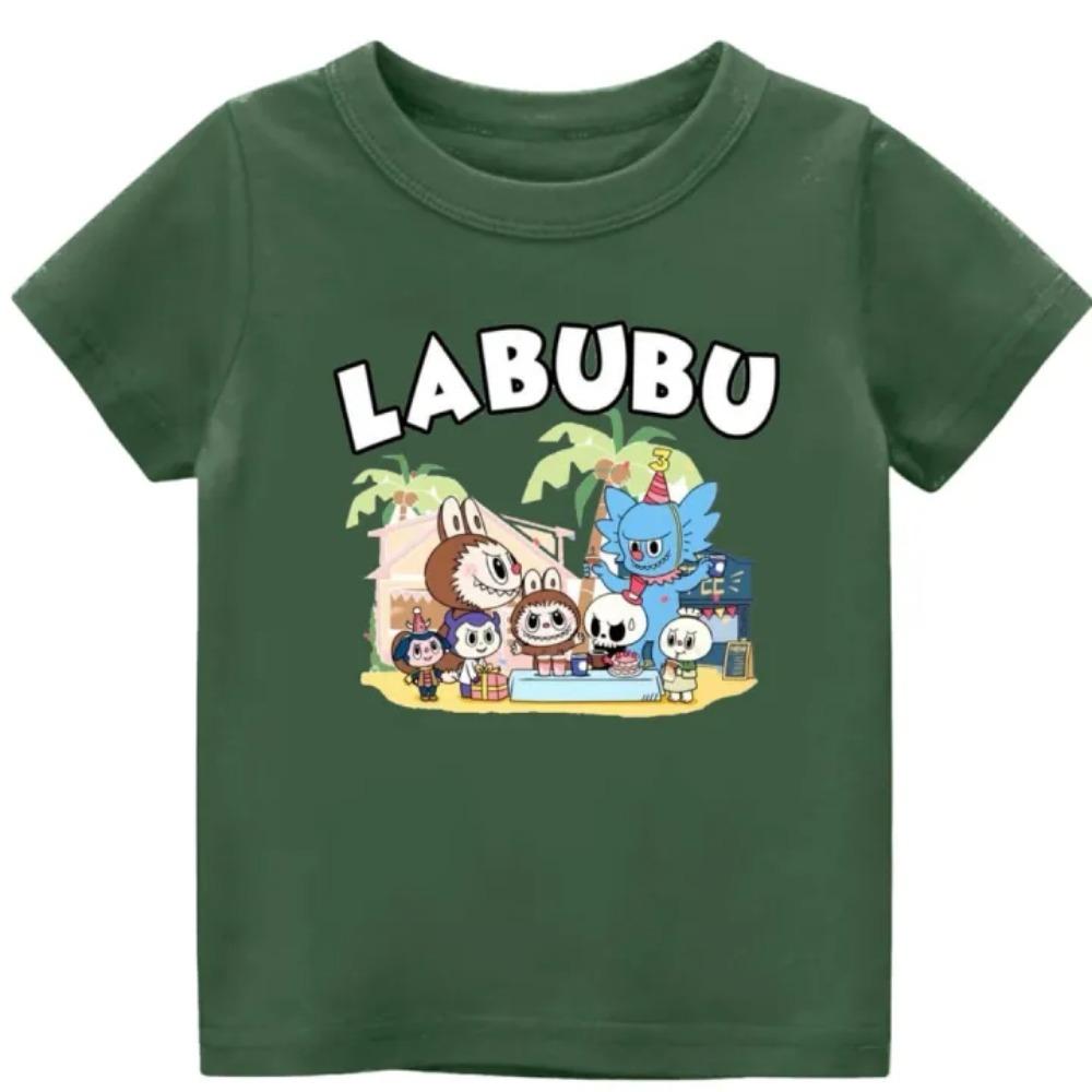 2025 Популярная детская одежда Футболка с принтом нескольких LABUBU в мультяшном стиле, с круглым вырезом, с короткими рукавами, милый и универсальный топ для девочки