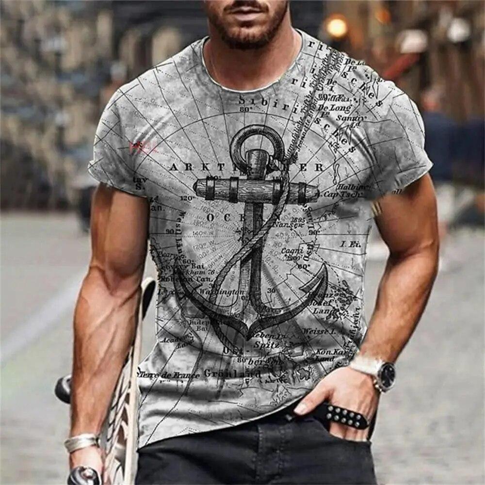 Summer Sailor T-shirt, Anchor Men's 3D Neckline Short-sleeved T-shirt