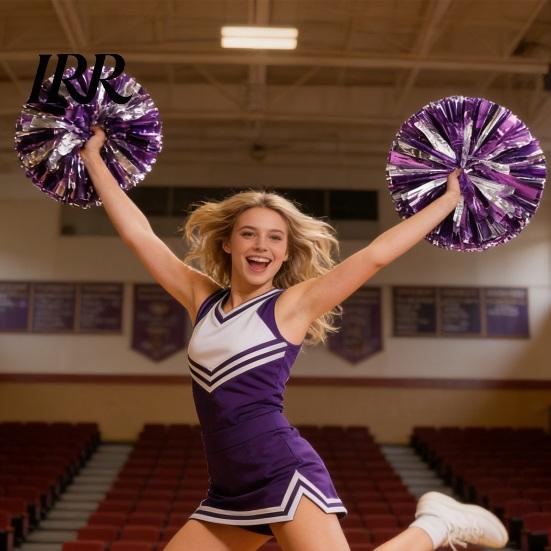 Cheer Squad Accessories 2 Pcs Cheerleader Pom Poms Metallic Holographic with Mini Cheerleading Balls Handle Ring for Sports Team Spirit Party