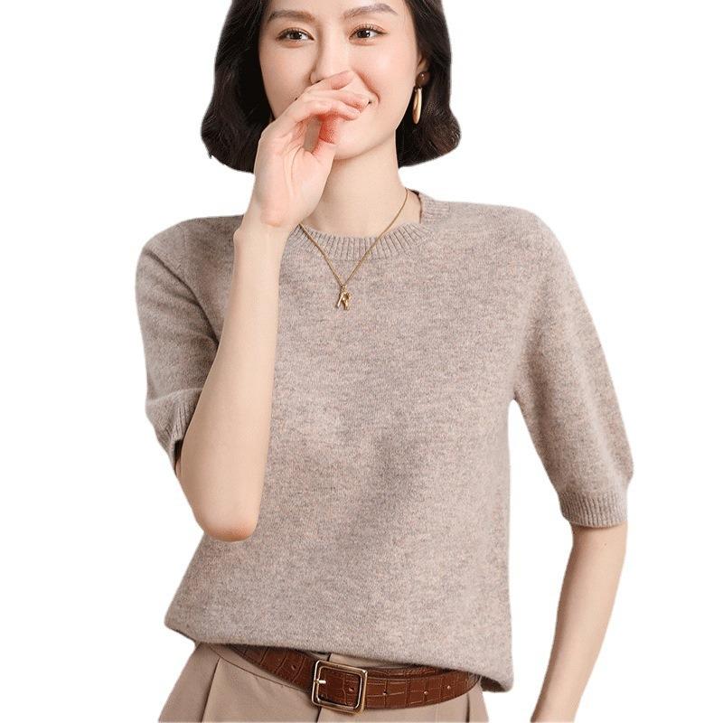 Женский свитер с круглым вырезом, шерстяной свитер с короткими рукавами, однотонный, для поездок на работу, простой, повседневный, трикотажный низ рубашки, теплый, удобный, на осень