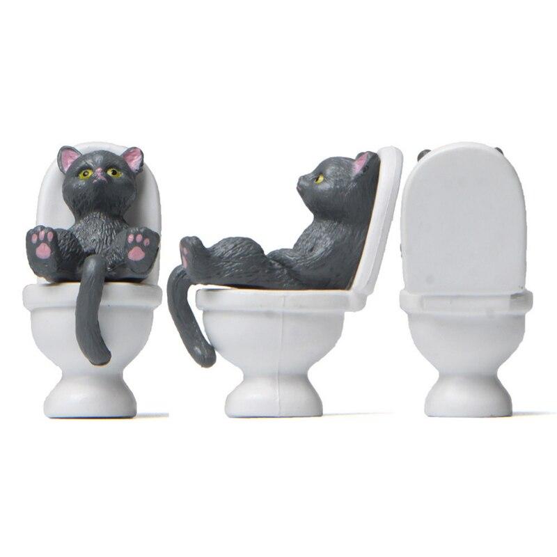 Creative Toilet Cat Figurines Interesting Kawaii Cartoon Cat Squatting On The Toilet Ornament Mini Miniature Desk Decoration