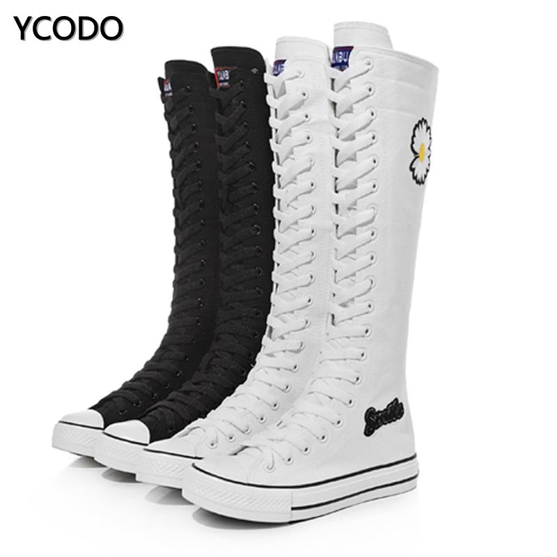 Spring Autumn Women Boots Canvas Mid Calf Boots Casual High Top Shoes Long Boots Lace Up Zipper Comfortable Flat Boots Size 34-43