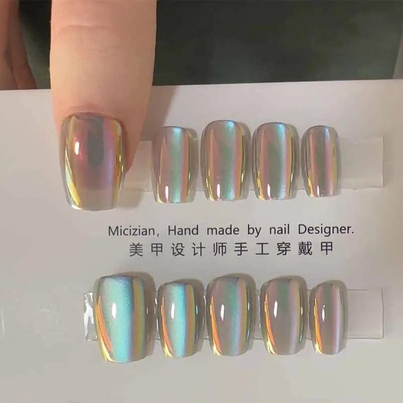 10 Pcs Aurora Series Women Solid Simple Cat Eye Handmade Press On Nails Nail Art Fake Nails