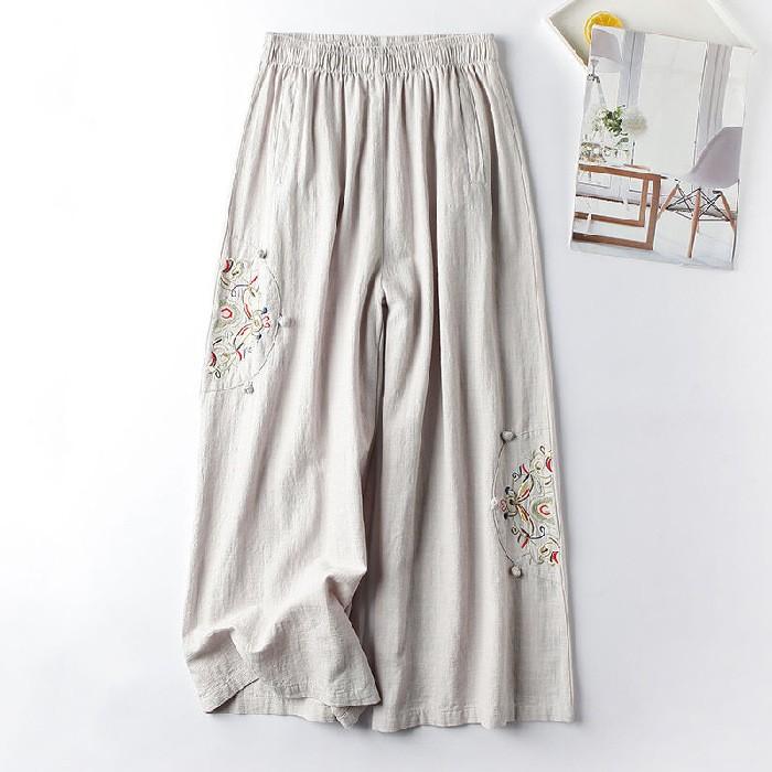 Женские летние тонкие повседневные брюки в стиле ретро из хлопка и льна в этническом стиле, удобные широкие брюки с вышивкой, Nine Pants