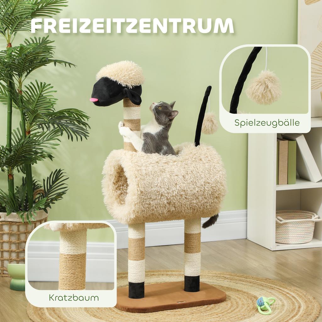 Cat Tree in Sheep Design, with Scratching Posts, Tunnel and Toy, 98 cm, Light Brown