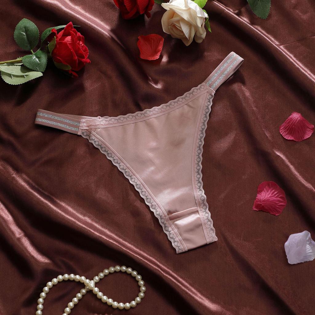 Cinoon Ladies Ice Silk Sexy Thong Shiny Patchwork Lace Trim Briefs Lowrise Comfort Buttlifting Underpant