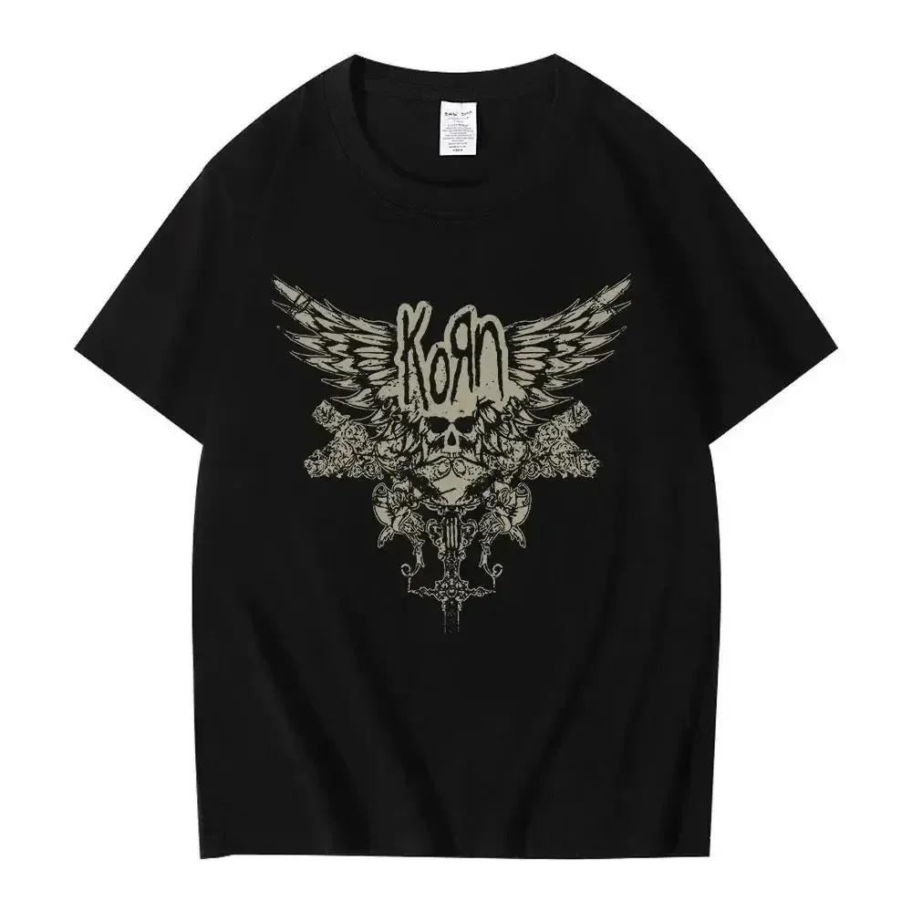 2024 Лето Korn Skull Wings Черная футболка для женщин и мужчин Футболки Metal Gothic Band Винтажная футболка больших размеров Хлопковые топы