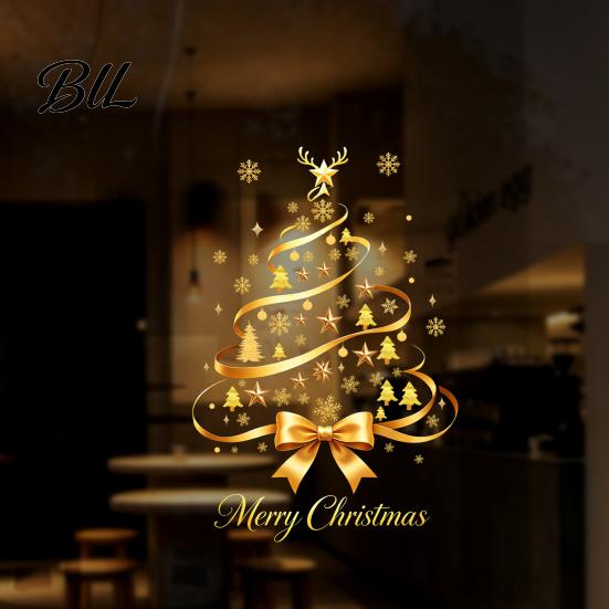 Indoor Outdoor Christmas Ornaments Gold Ribbon Tree Static Window Cling, Glass Sticker with Bow, Reindeer Holiday Storefront Displays Antler