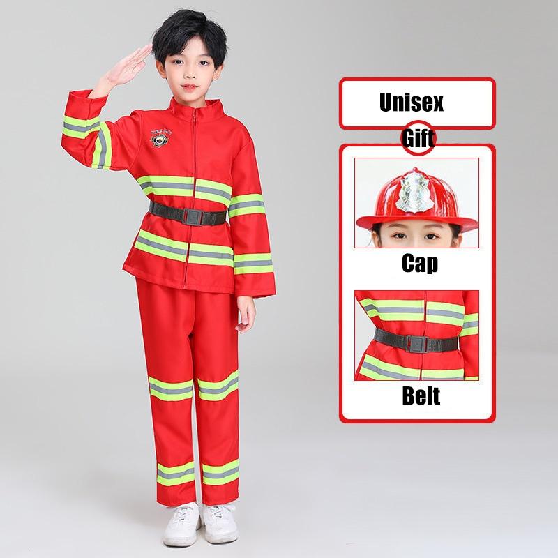 Детский костюм пожарного для переодевания, красный полиэстер, набор костюма пожарного с поясом и кепкой-уточкой