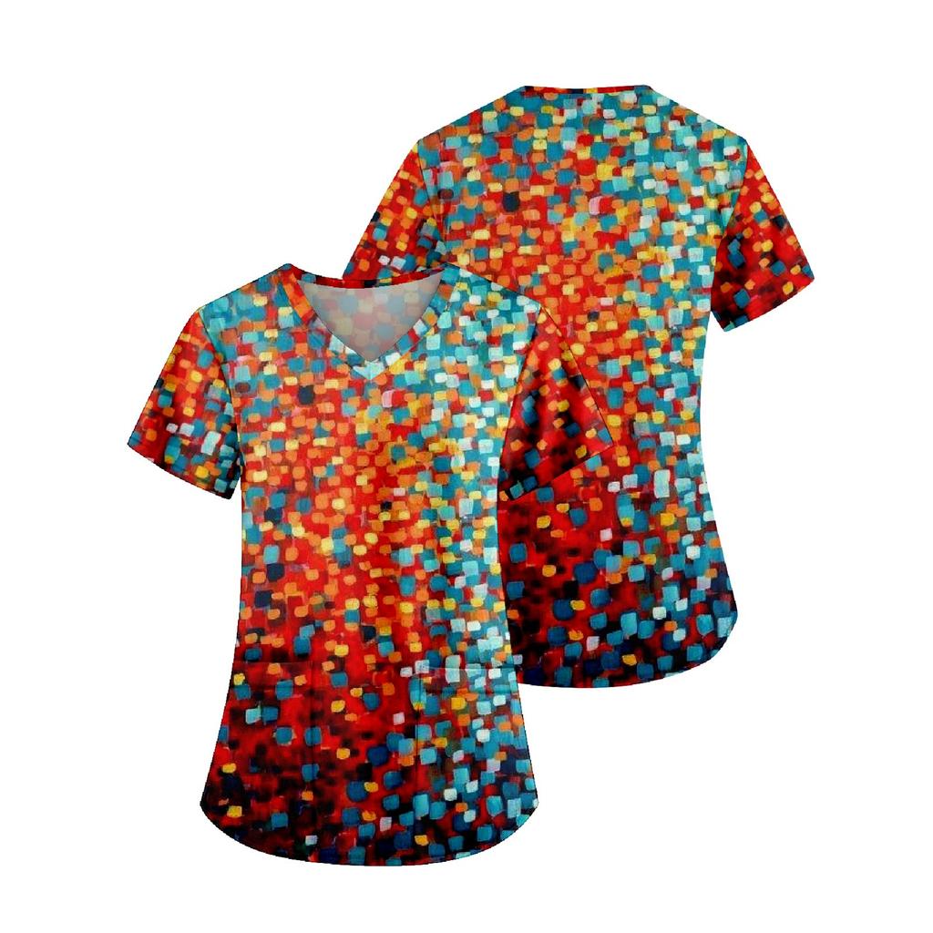 Women's Fashion Printed Work Uniform With Pocket T-Shirt Short Sleeve Top