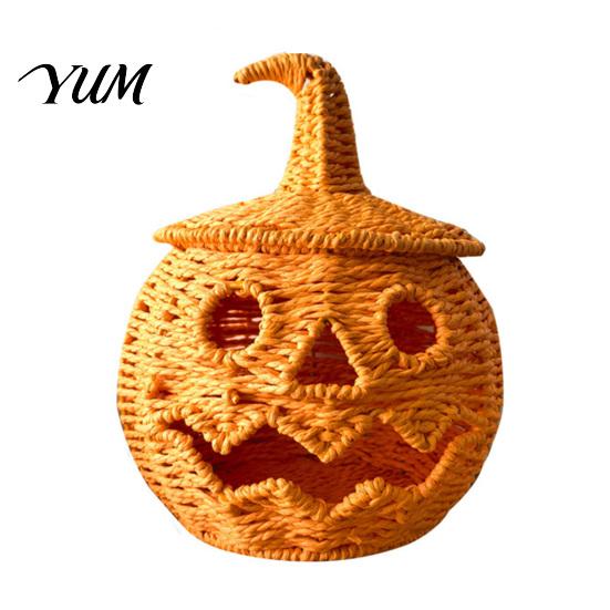 Decorative Storage Basket for Fall Handwoven Pumpkin Lantern, Vintage Rustic Halloween Decor, Hollow Smile Tiered Party Setting Accessories