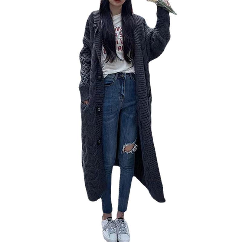 Women's Hooded Mid-Length Knitted Sweater Cardigan Jacket for Autumn & Winter - Loose, Thick, Fashionable with Pockets.