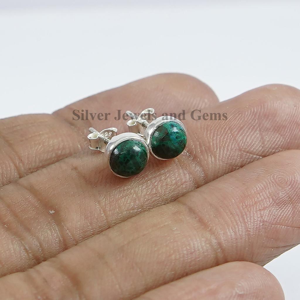 Round Chrysocolla Stud Earrings, Tiny Gemstone Studs, 925 Sterling Silver Studs, Green Stone Studs, Anniversary Gift, Handmade Earrings