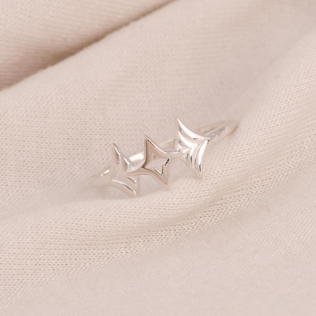 925 Sterling Silver Triple Star Ring | Minimalist Celestial Stackable Ring | Dainty Everyday Band | Handmade Gift for Women